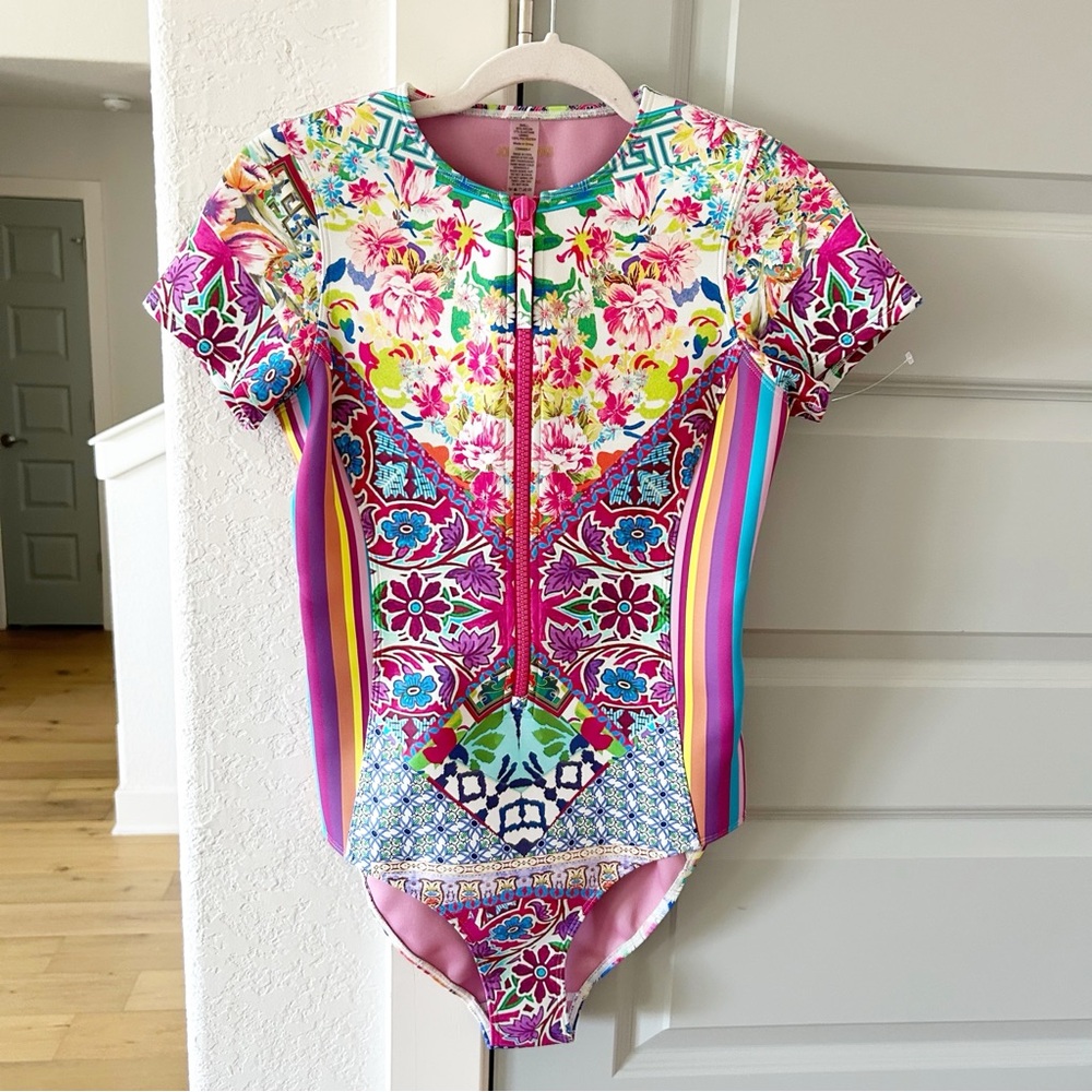 New Johnny Was Floral Striped Locita Surf Scuba One Piece Swimsuit - Picture 3 of 5